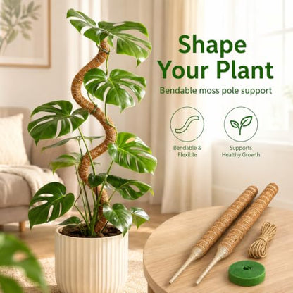 2 Pack Moss Pole for Monstera, 28in Coir Bendable Plant Support Stakes - size: 2 Pack ( 28-Inch)