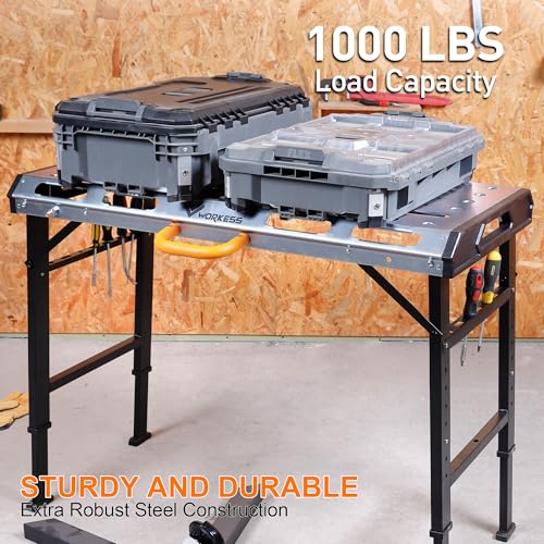 WORKESS Metal Welding Table Folding 1000 lbs Load Capacity Heavy Duty Steel Construction Workbench for Welding Adjustable 7 Level Height - style: Metal Top