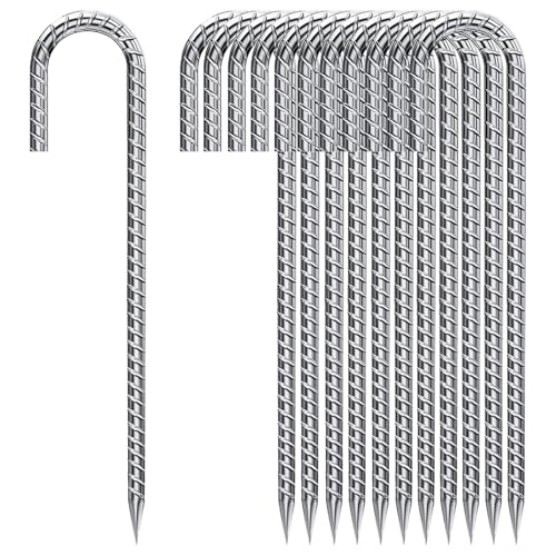 Ground Stakes 12 Inch, Yard Camping Stakes J Shaped 20 Pack Rebar Heavy Duty for Garden Dog Fence Inflatable Camping Chicken Coop Accessories - color: J-HOOK-Silver-8mm, size: 20pcs