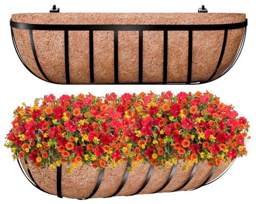 ZeeDix 24 Inch Railing Planter Box, 2 Pack Metal Window Box with Coco Liner