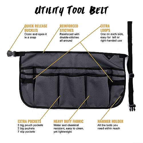 Under NY Sky Tool Pouch, 12 Pockets, 2 Loops and Hammer Loop, Gray - color: Tool Belt Gray