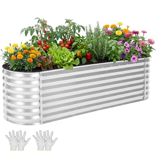 YITAHOME 8x2x2ft Galvanized Oval Raised Garden Bed, Metal Planter Box with Safety Rubber, Gloves, Outdoor Flower Bed for Planting Plants Vegetables, Silver - color: Silver, size: 8x2x2ft