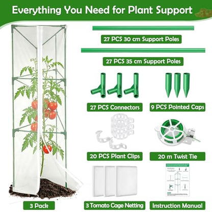 3 Pack Tomato Cages for Garden with Tomato Netting