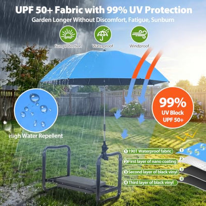 Garden Kneeler Umbrella with Clamp,42” Canopy, UPF50+ Sun Protection - color: Blue