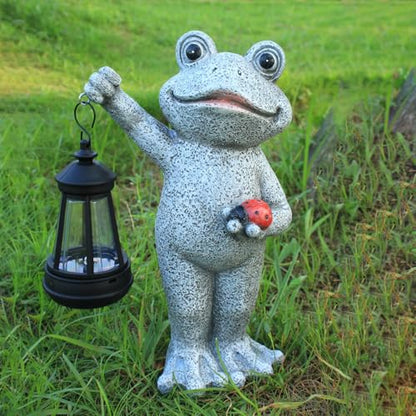 Solar Frog Garden Statue, Resin Figurine with Ladybug & Hanging Solar Lantern Outdoor Decor - style: frog2