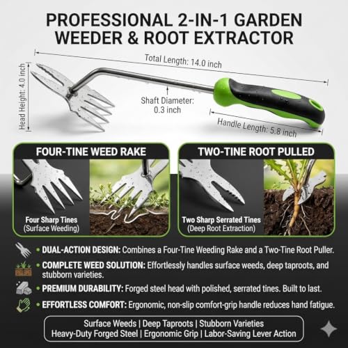 2-in-1 SS Crack Weeder & Cultivator, Ergonomic Rust-Resistant Grip - color: green