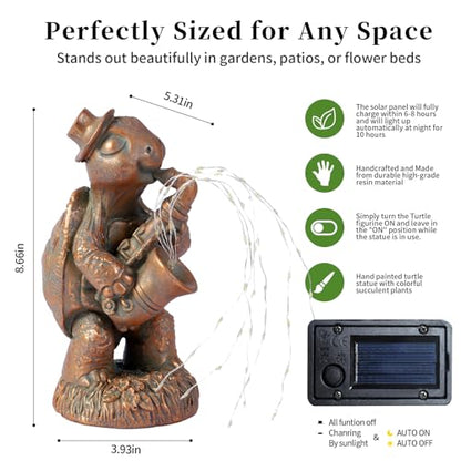 Solar Turtle Statue with Saxophone String Lights for Garden Decor