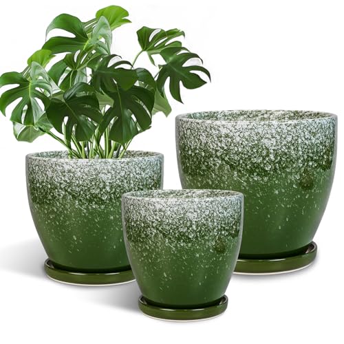 Ceramic Planters 3 Pack - 10 Inch 8 Inch 6 Inch Plant Pots for Indoor Outdoor, Round Decorative Flower Pots with Drainage Holes and Saucers, Garden Home Decor, Gift for Women Men, Green - color: Blackish Green