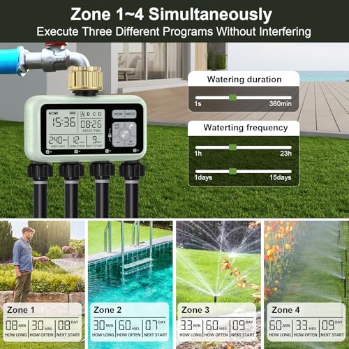 Watering Timer 4 Zone with with Brass Inlet, Sprinkler Timer 4 Outlet