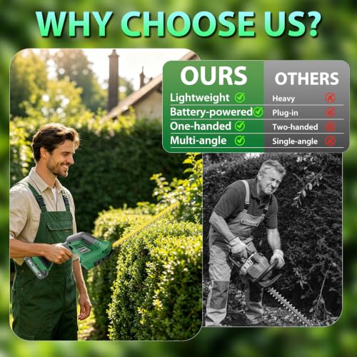 Cordless Hedge Trimmer 20V, 16" Shrub Trimmer & 6" Grass Shears, Electric Hedge Trimmer with 2 PCS Batteries & SK5 Blades for Garden, Bushes, Lawn