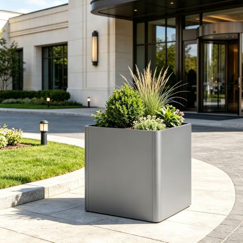 24-Inch Square Outdoor Metal Planter - color: Gray, size: 24"L x 24"W x 24"H