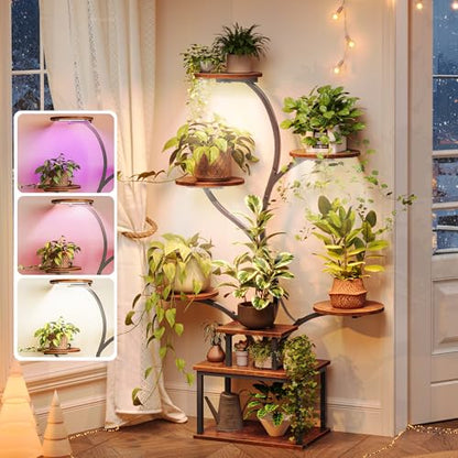 PRAISUN 51 Inch Plant Stand with Grow Lights, 8 Tiered Indoor Plant Shelf - color: Rustic Brown