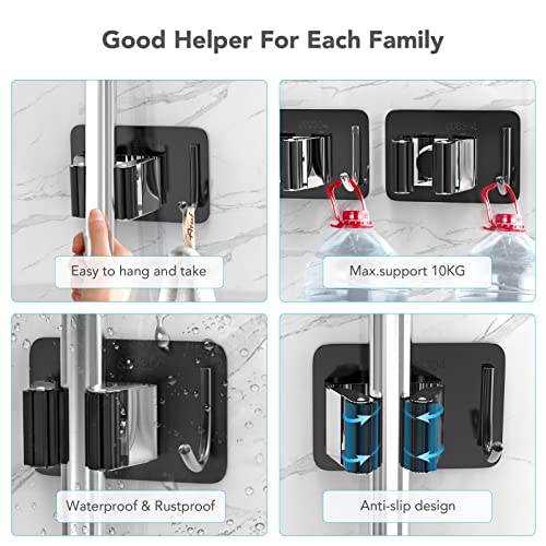 homeasy Broom Holder Wall Mount 4Pcs, Self Adhesive Mop Broom Hanger - color: Black Mix