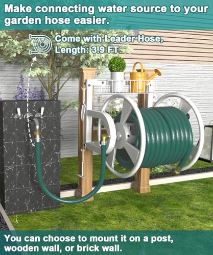 Artigarden Outdoor Wall Mounted Hose Reel with Hook, Garden Heavy-Duty Water Hose Holder Winder with 3.9 ft Leader Hose, Brass Fitting and Storage Basket for Yard, Holds 125 Ft of 5/8-Inch Hose, White - color: White