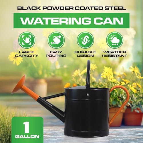 Plexon Metal Watering Can Outdoor 1 Gallon, Flower Plant Gardening Garden Large Watering Can Pot Pitcher, Steel Orange Handles and Removable Spray Spout, Black - color: Black