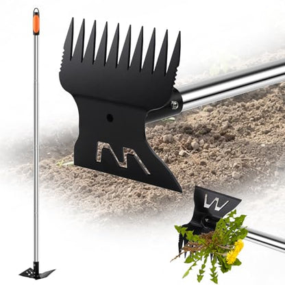 Larger Weed Puller Tool with Long Handle, 2-in-1 Heavy Duty Weed Rake & Hoe