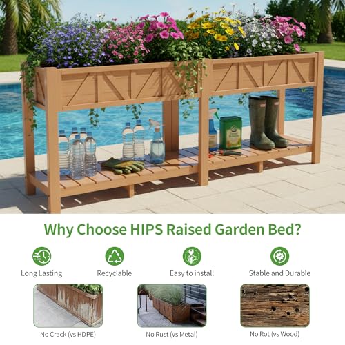 HIPS All-Weather Elevated Raised Garden Bed with Legs,72"L x 17"W x 28.7"H - color: Teak, size: 72"L-Without Wheels