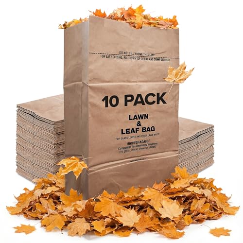 30 Gallon Kraft Lawn and Leaf Bags (10 Pack) Eco-Friendly Heavy Duty Large Paper Trash Bags, Tear Resistant Yard Waste Bags for Grass Clippings, Wet and Dry Leaves, Weeds, Twigs