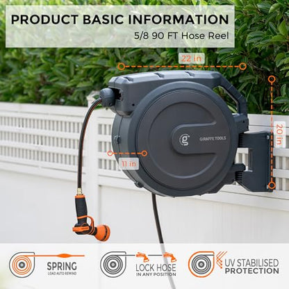 Giraffe Tools Retractable Garden Hose Reel 5/8" 90FT Auto Rewind Wall Mount - size: 5/8 inch x 90 ft