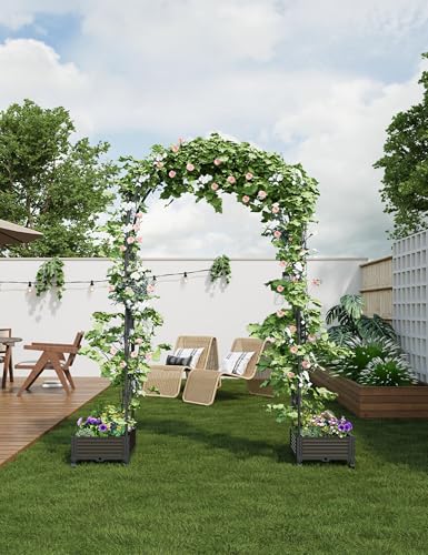 47" Rolling Garden Arch Trellis with Planter Box – Rustproof Metal Frame - size: Span 1.2