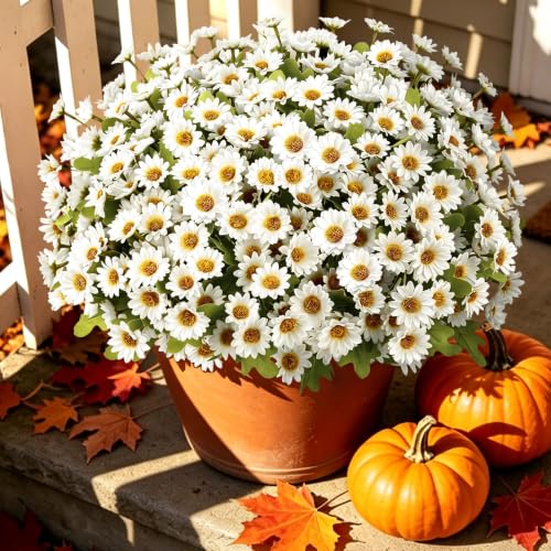 Artificial Daisy Mums for Outdoors, 12 PCS Fall Flowers, White - color: White