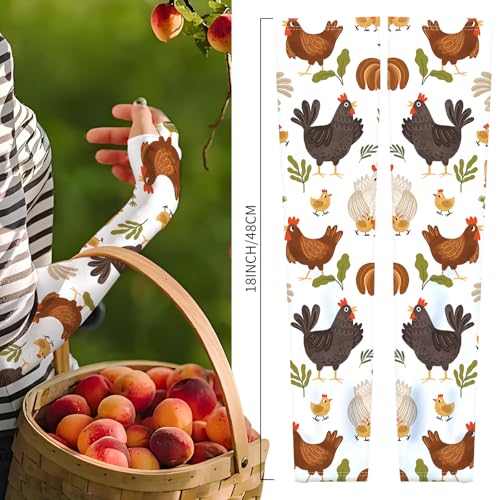 Gardening Sleeves for Women Men, Farm UV Sun Protection Cooling Arm Sleeves with Thumb Hole, Thorn Proof Anti-Scratch Arms Covers for Garden Sports Outdoors Boho Chicken