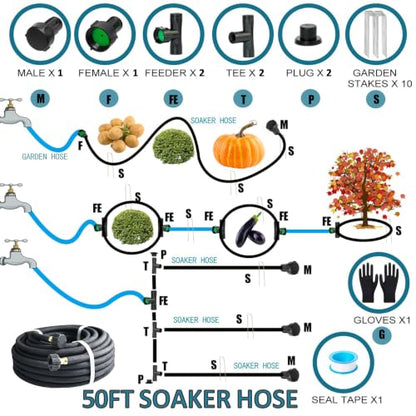AMRITA 3/8"Soaker Hose KIT, 50ft 1Pack Garden Drip Hoses Plastic Couplings - color: 3/8"×(50FT)