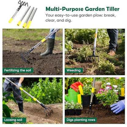 Garden Hand Tiller Cultivator, 4-Tine Adjustable Long Handle