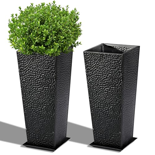BAYN 2-Pack 24" Tall Metal Planter – Hand-Hammered Textured Large Black Flower Pots Box with Saucer for Outdoor&Indoor, Garden, Porch, Patio, Yard with Pre-Drilled Drainage Holes - color: Black