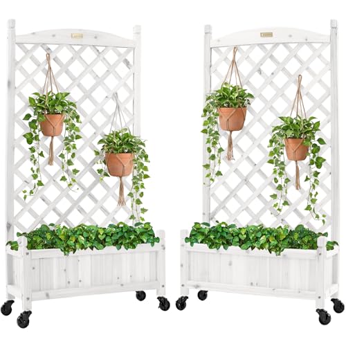 Best Choice Products Set of 2 48in Wood Planter Box & Diamond Lattice Trellis, Mobile Outdoor Raised Garden Bed for Climbing Plants w/Drainage Holes, Optional Wheels - White - color: White, size: 48in (Set of 2)