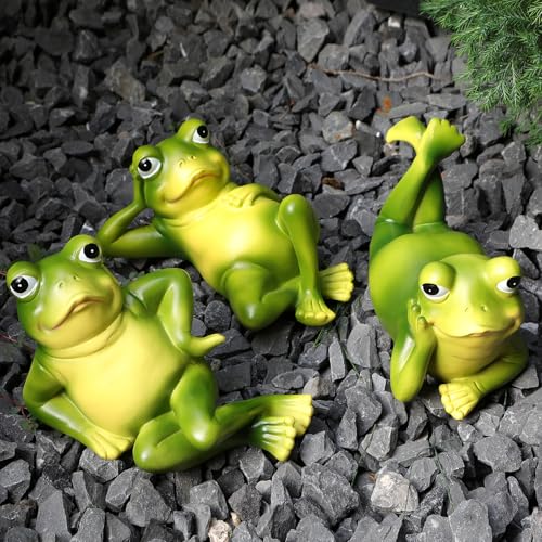 Frog Garden Statues Set of 3 Resin Gift Outdoor Yard Art Lawn Patio Decor - color: Green