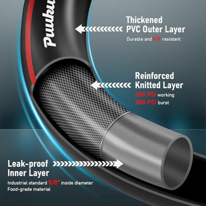 Garden Hose 50ft x 5/8", NON-EXPANDABLE Heavy Duty Hose with Nozzle - size: 50FT
