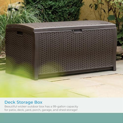 Suncast 99 Gal Wicker Resin Deck Box, Storage Chest Bin with Handles, Java - color: Mocha, style: Deck Box