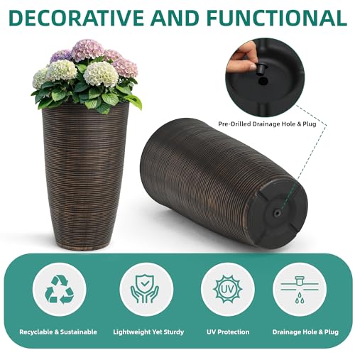 2-Pack 23.5" Bronze Plastic Tapered Planters with Vertical Stripes - color: 23.5" Pp-brushed Bronze