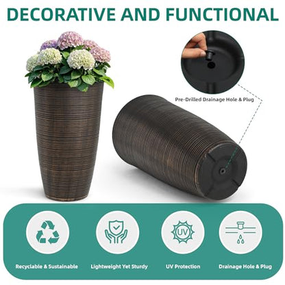 2-Pack 23.5" Bronze Plastic Tapered Planters with Vertical Stripes - color: 23.5" Pp-brushed Bronze
