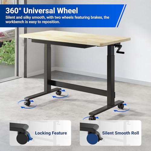 FLEXIMOUNTS 48" Adjustable Workbench, Rubberwood Worktable with Hand Crank