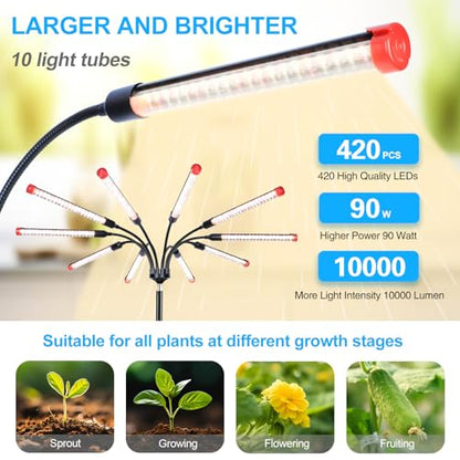 10Head Standing Grow Light for Large & Tall Plants, Bonsai Tree - size: 10Head Stand(90W)