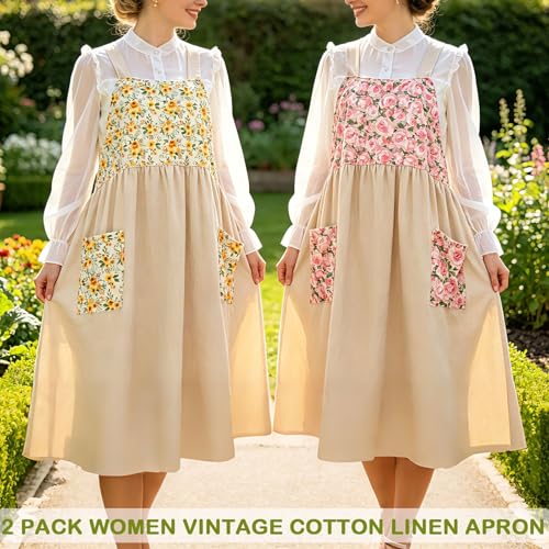 Cotton Linen Apron Cross Back Apron for Women with Pockets Pinafore Dress - color: 2 Pack-flora Beige
