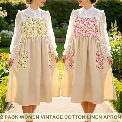 Cotton Linen Apron Cross Back Apron for Women with Pockets Pinafore Dress - color: 2 Pack-flora Beige