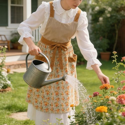 Pinafore Apron Dress for Women with Pockets Adjustable Floral Kitchen Apron - color: Beige