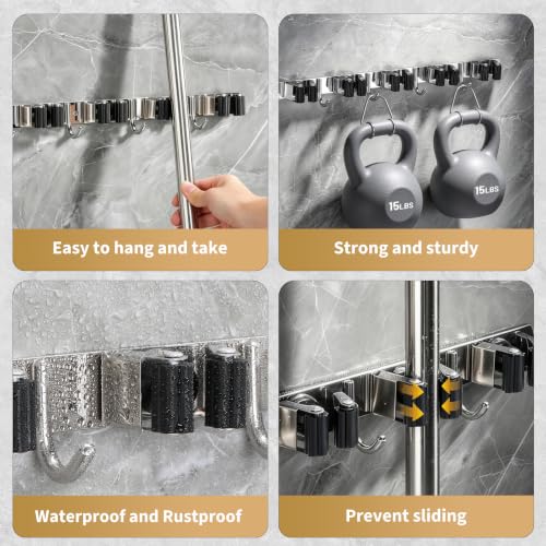 Broom Holder Wall Mount, Mop Organizer, 5 Racks, 4 Hooks, Heavy Duty