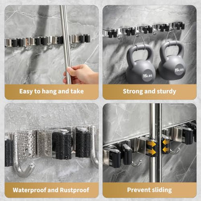 Broom Holder Wall Mount, Mop Organizer, 5 Racks, 4 Hooks, Heavy Duty