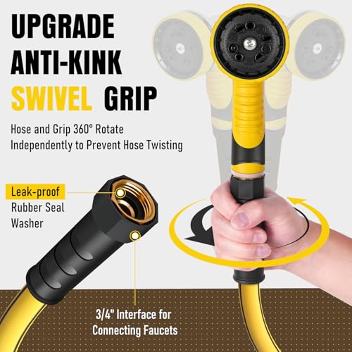 Heavy Duty Garden Hose 50ft, NON-EXPANDABLE Flexible Water Hose, Kink Resistant Lightweight Hybrid Hose, Leakproof Hose Male to Female Fittings - color: Black+Yellow, size: 50ft
