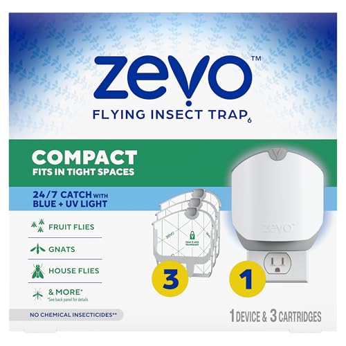 Zevo Compact Flying Insect Trap for Gnats & Fruit Flies, 1 Base & 3 Refills - style: 1 Device & 3 Cartridges