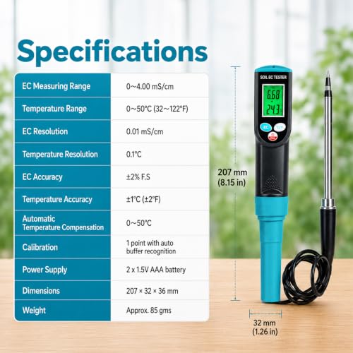 Digital Soil EC Meter 2-in-1 Porfessional Plants EC Temperature Tester Meter with Corded Sensor, Backlight LCD Display, Temperature Compensation, Easy Calibration for Soil Plants Lawn Nutrient Test