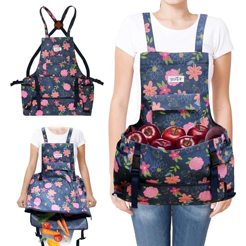 Garden Harvest Apron for Women, Fruit Picking Apron with Quick Release Bottom - color: Blue Floral