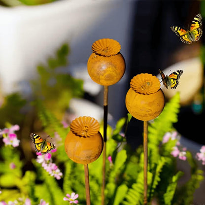 Set of 3 Rustic Metal Coneflower Garden Stakes,Rusty - color: Coffee