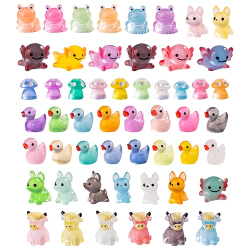 52pcs Mini Resin Animal Figures Bulk Duck Mushroom Frog Tiny Resin Animals Little Small Figures Miniatures for Party Favors Bag Fillers Dollhouse Decor - color: Luminescent-52pc