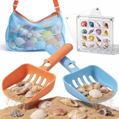 2 Pack Beach Sand Sifter with Seashell Bags & Display Case for Boys & Girls - color: Blue-orange