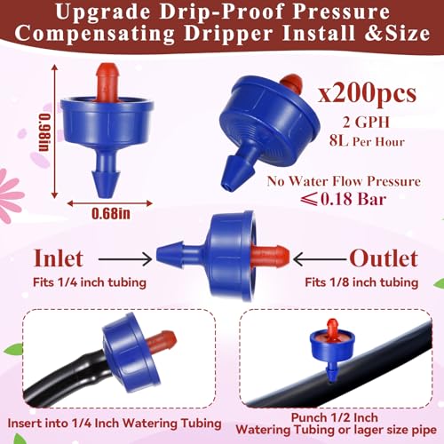 200Pcs 2 GPH Pressure Compensating Drip Emitters, 2 GPH Drippers - color: 200 PCS 2GPH